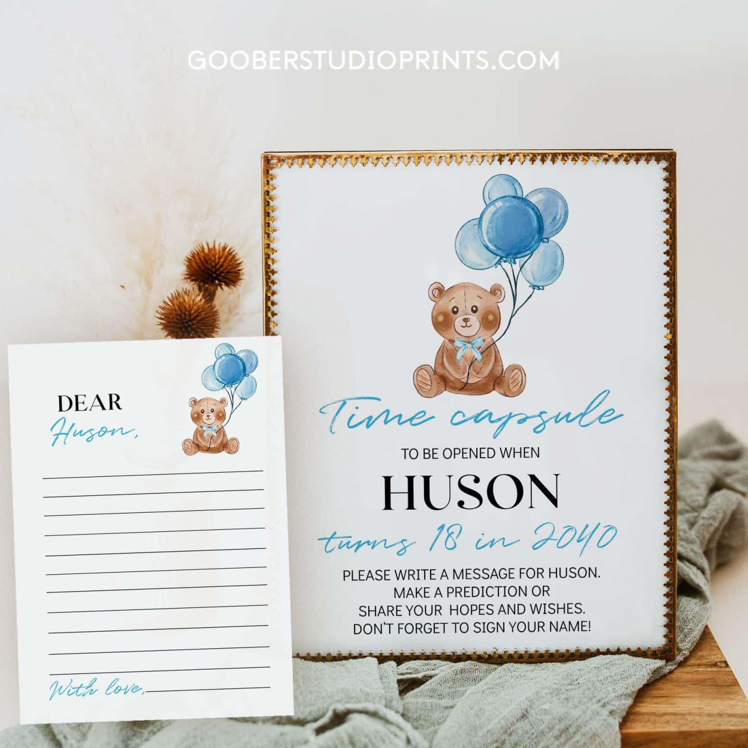 Teddy Bear Birthday Time Capsule Sign & Card - Goober Studio Prints