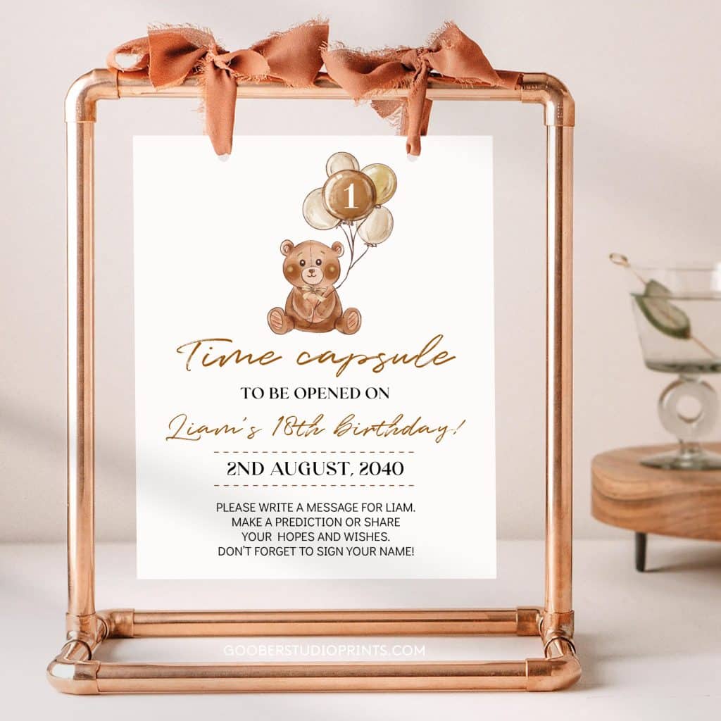Teddy Bear Birthday Time Capsule Sign & Card - Goober Studio Prints