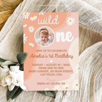 Wild One Groovy Daisy First Birthday Photo Invitation