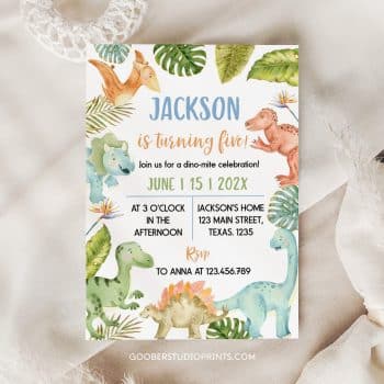 Dinosaur Fifth Birthday Invitation