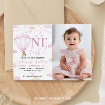 Hot Air Balloon First Birthday Photo Invitation