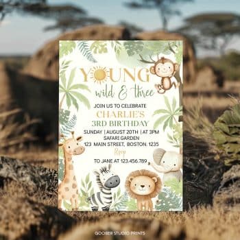 Young Wild and Three Safari 3rd Birthday Invitation