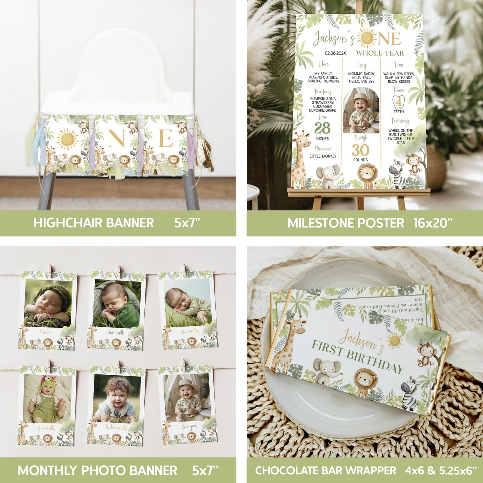 Wild One Jungle Safari Animals Birthday Party Bundle - Goober Studio Prints