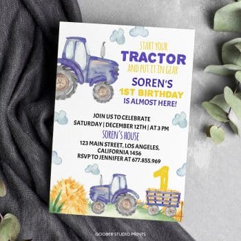 Tractor First Birthday Party Invitation