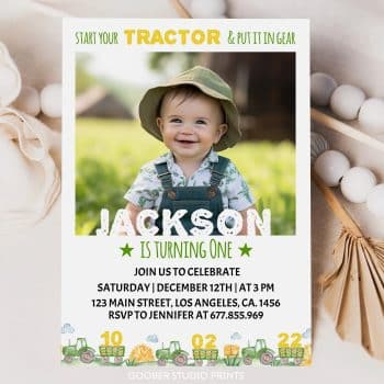 Tractor First Birthday Party Photo Invitation