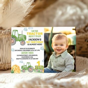 Tractor First Birthday Photo Invitation
