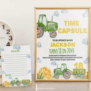 Tractor Birthday Party Time Capsule Sign & Card
