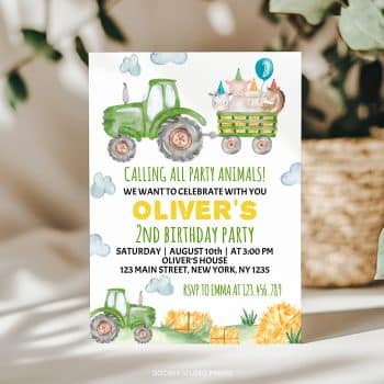 Tractor 2nd Birthday Party Invitation
