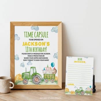 Tractor Birthday Party Time Capsule Sign & Card