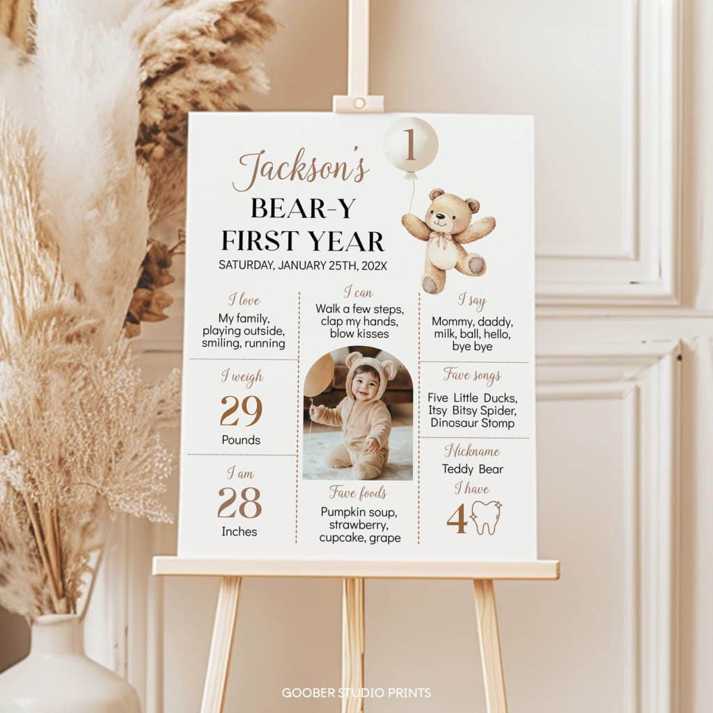 Beary First Birthday Milestone Photo Poster - Goober Studio Prints