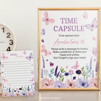 Butterfly Birthday Party Time Capsule Sign & Card