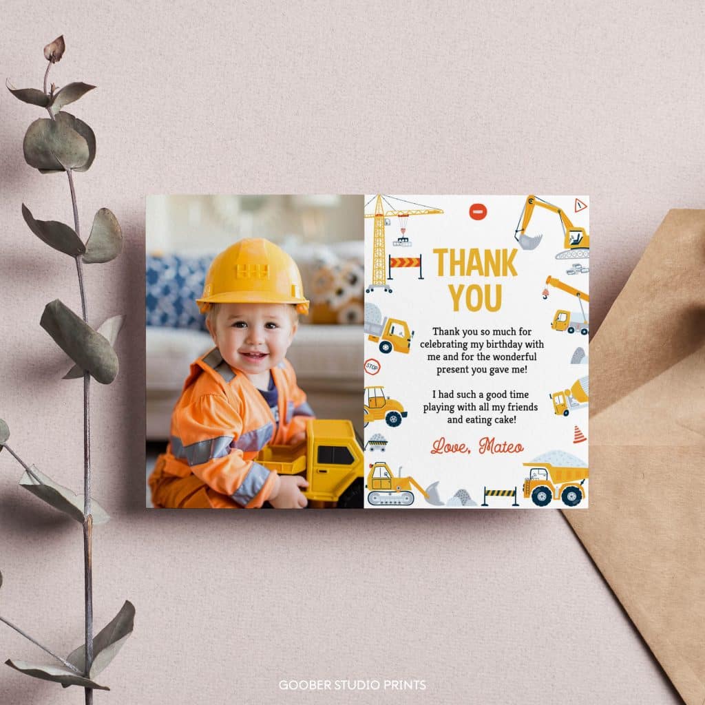 Construction Birthday Party Thank You Card - Goober Studio Prints