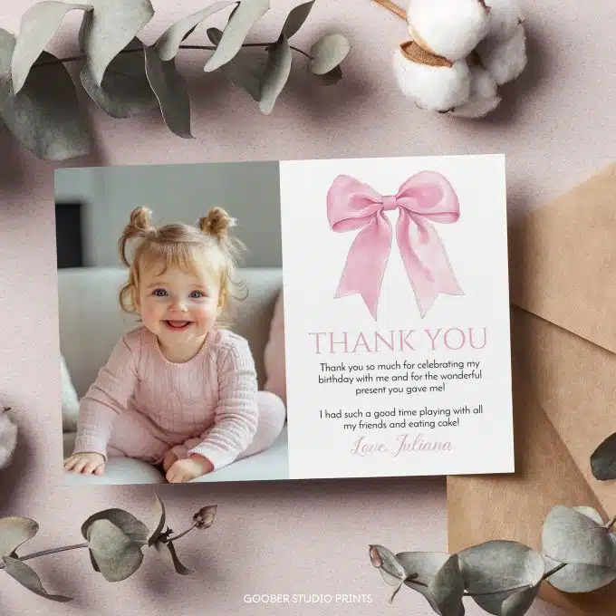Pink Bow Coquette Birthday Thank You Card - Image 2