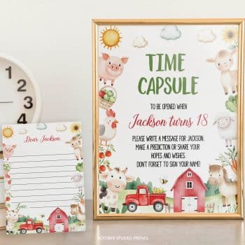 Farm Animals Birthday Party Time Capsule Sign & Card