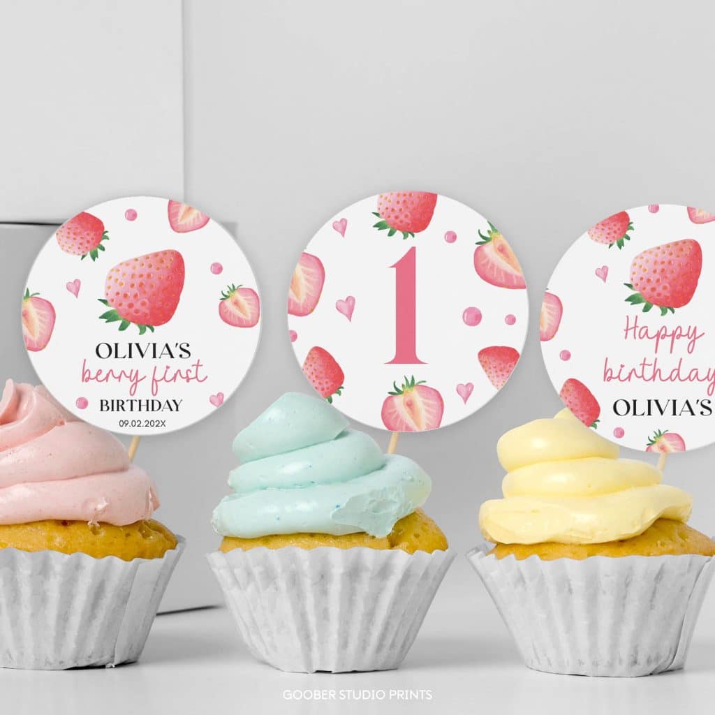 Strawberry Birthday Cupcake Toppers - Goober Studio Prints