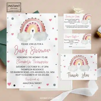 Boho Rainbow Baby Shower Invitation Set