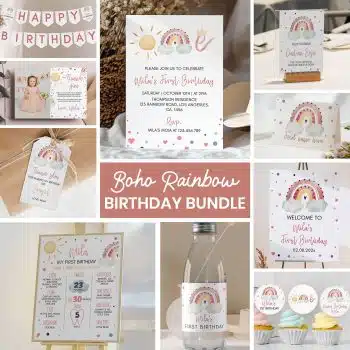 Boho Rainbow Birthday Invitation Bundle