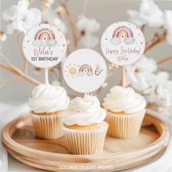Boho Rainbow Birthday Cupcake Toppers
