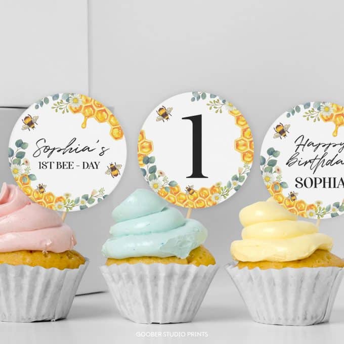 Bee Birthday Cupcake Toppers - Image 2
