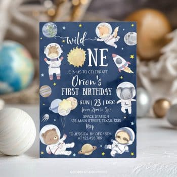 Space Safari Animals Wild One Birthday Invitation