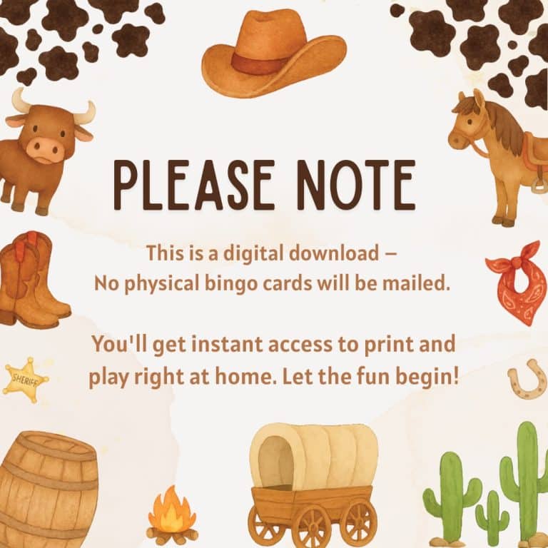 Wild West Bingo Printable Party Game - Goober Studio Prints