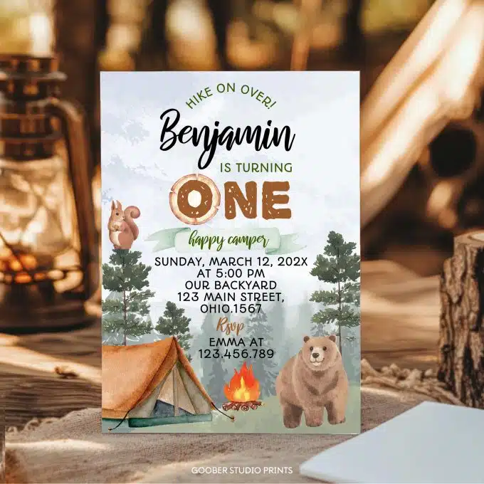 Camping 1st Birthday Party Invitation