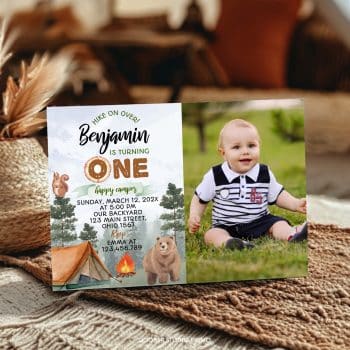 Camping 1st Birthday Party Photo Invitation