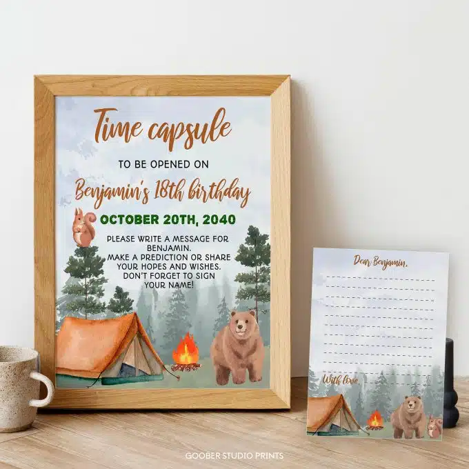 Camping Birthday Party Time Capsule Sign & Card