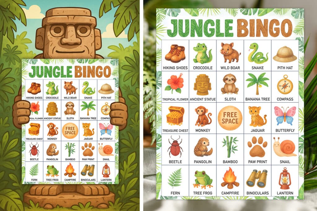 jungle bingo printable game for kids