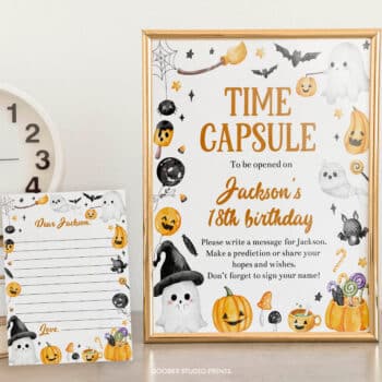 Halloween Birthday Party Time Capsule Sign & Card