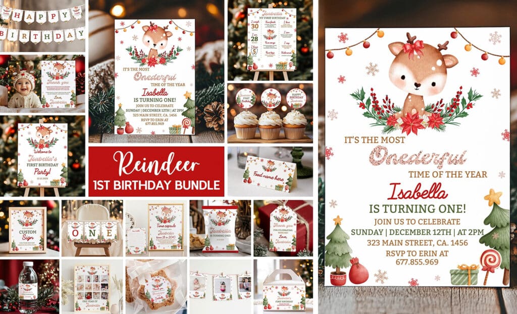 winter reindeer 1st birthday invitation bundle